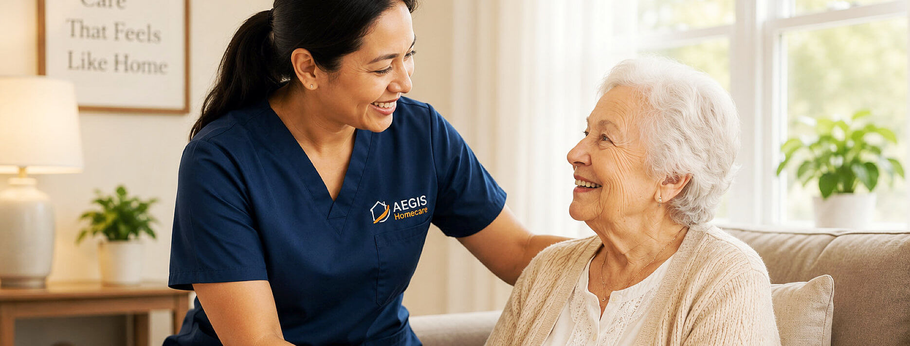 aide and senior woman smiling at each other