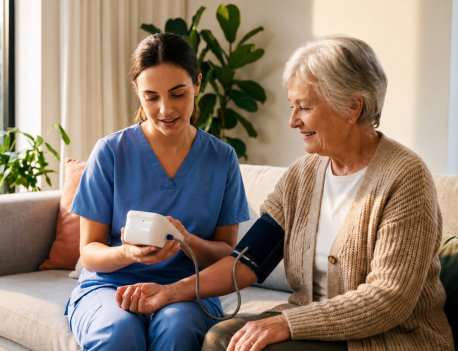 a caregiver checking the blood pressure of an elderly woman on a couch