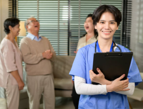 a caregiver holding a clipboard, with elderly people relaxing in the background