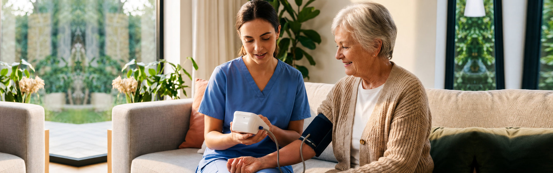 Home care nurse checking blood pressure for a smiling senior woman